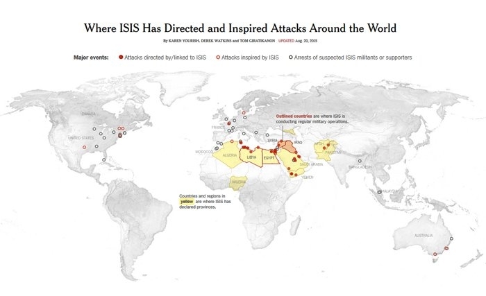 La carte des attaques perpétrées ou inspirées par l’EI La carte des attaques perpétrées ou inspirées par l’EI