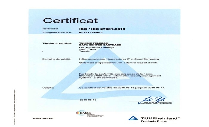 Une première en Tunisie: Le Data Center Carthage de Tunisie Telecom obtient la certification ISO/IEC 27001:2013 Une première en Tunisie: Le Data Center Carthage de Tunisie Telecom obtient la certification ISO/IEC 27001:2013