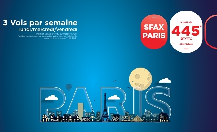 TUNISAIR : Une offre spéciale à l’occasion de la réinstauration de la ligne Sfax – Paris TUNISAIR : Une offre spéciale à l’occasion de la réinstauration de la ligne Sfax – Paris