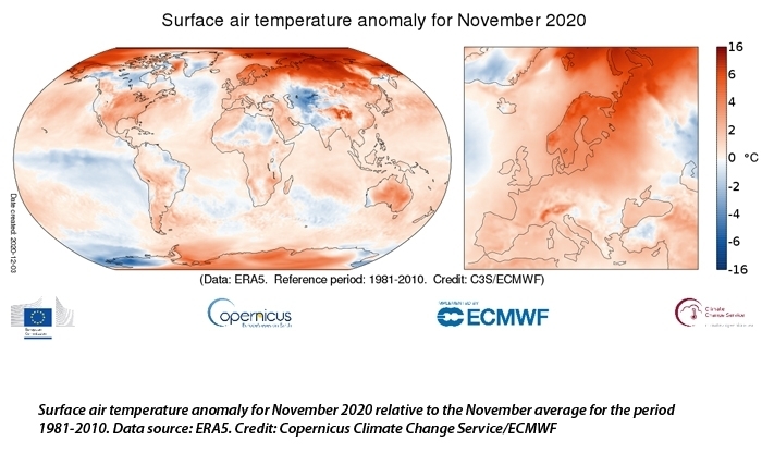 La température, principal indicateur des changements climatiques (CC), révèle: Novembre 2020 a été le plus chaud jamais enregistré, selon Copernicus de l'UE La température, principal indicateur des changements climatiques (CC), révèle: Novembre 2020 a été le plus chaud jamais enregistré, selon Copernicus de l'UE