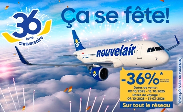 nouvelair célèbre son 36ème anniversaire et remercie ses passagers avec une offre exceptionnelle de 36 % de réduction sur tout le réseau nouvelair célèbre son 36ème anniversaire et remercie ses passagers avec une offre exceptionnelle de 36 % de réduction sur tout le réseau