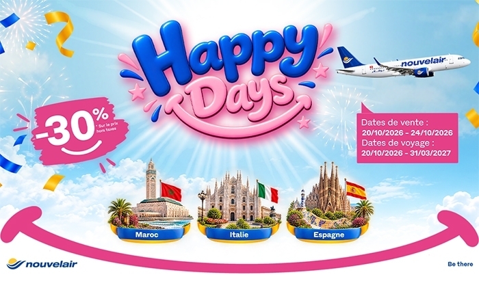 Nouvelair poursuit sa promo «Happy Days»: l’Espagne, l’Italie et Le Maroc à -30%